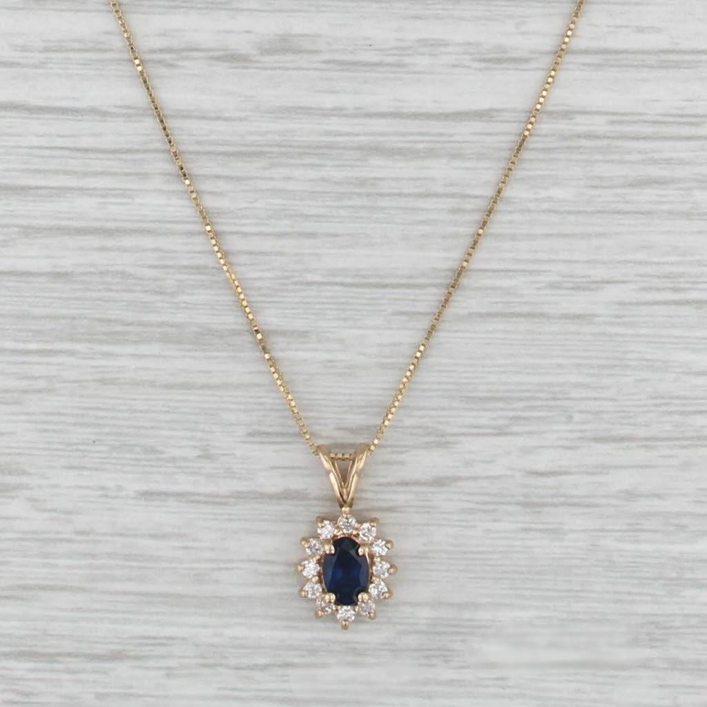 0.80ctw Blue Sapphire Diamond Halo Pendant Necklace 14k Gold 18" Box Chain