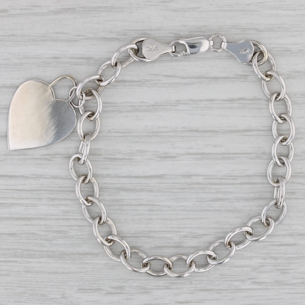 Gray Engravable Heart Charm Bracelet 14k White Gold 7.25" Cable Chain