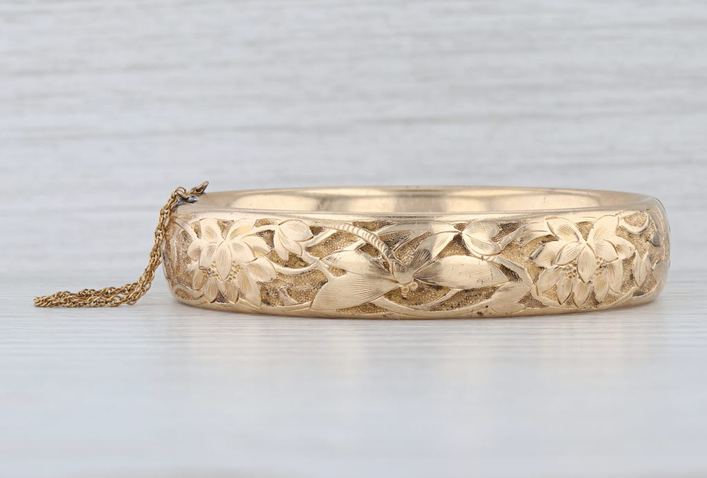 Vintage Floral Dragonfly Engraved Bangle Bracelet Gold Filled 7" Monogrammed