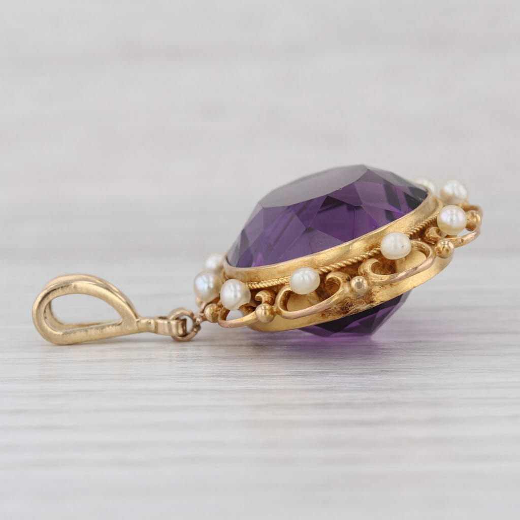 Antique 21.20ct Amethyst Seed Pearl Halo Pendant 18k Yellow Gold Statement
