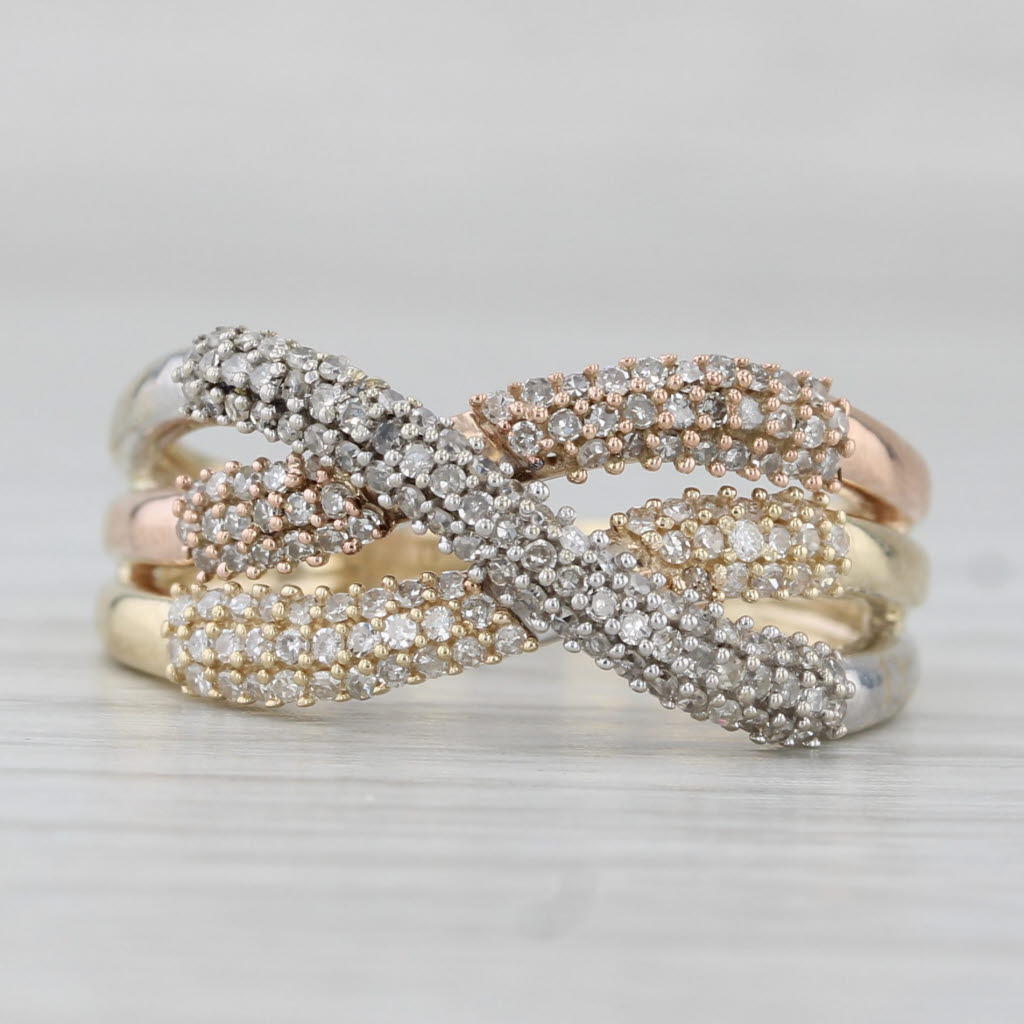Light Gray 0.31ctw Diamond Overlay Tri Toned Ring 10k Rose Yellow White Gold Size 7