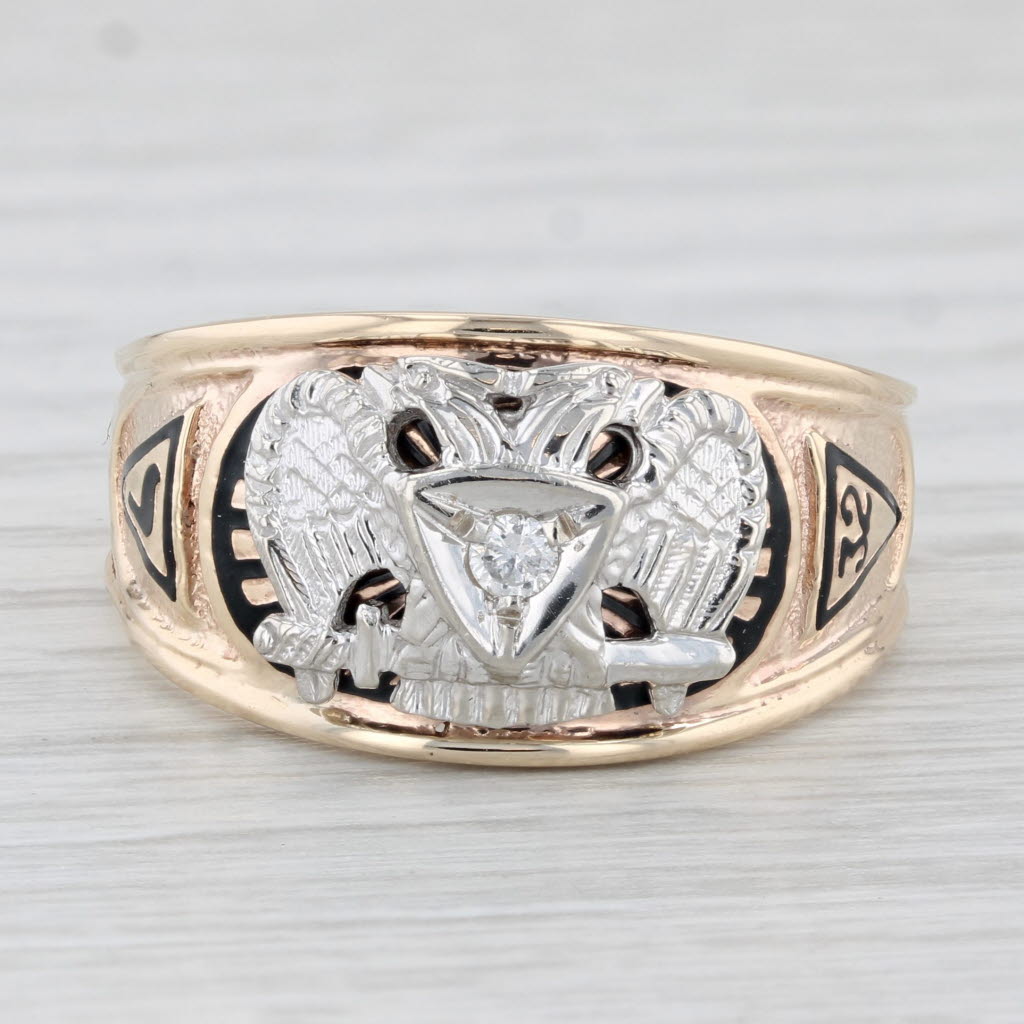 Light Gray Scottish Rite Masonic Ring 10k Gold Diamond 32nd 14th Degree Size 12.5