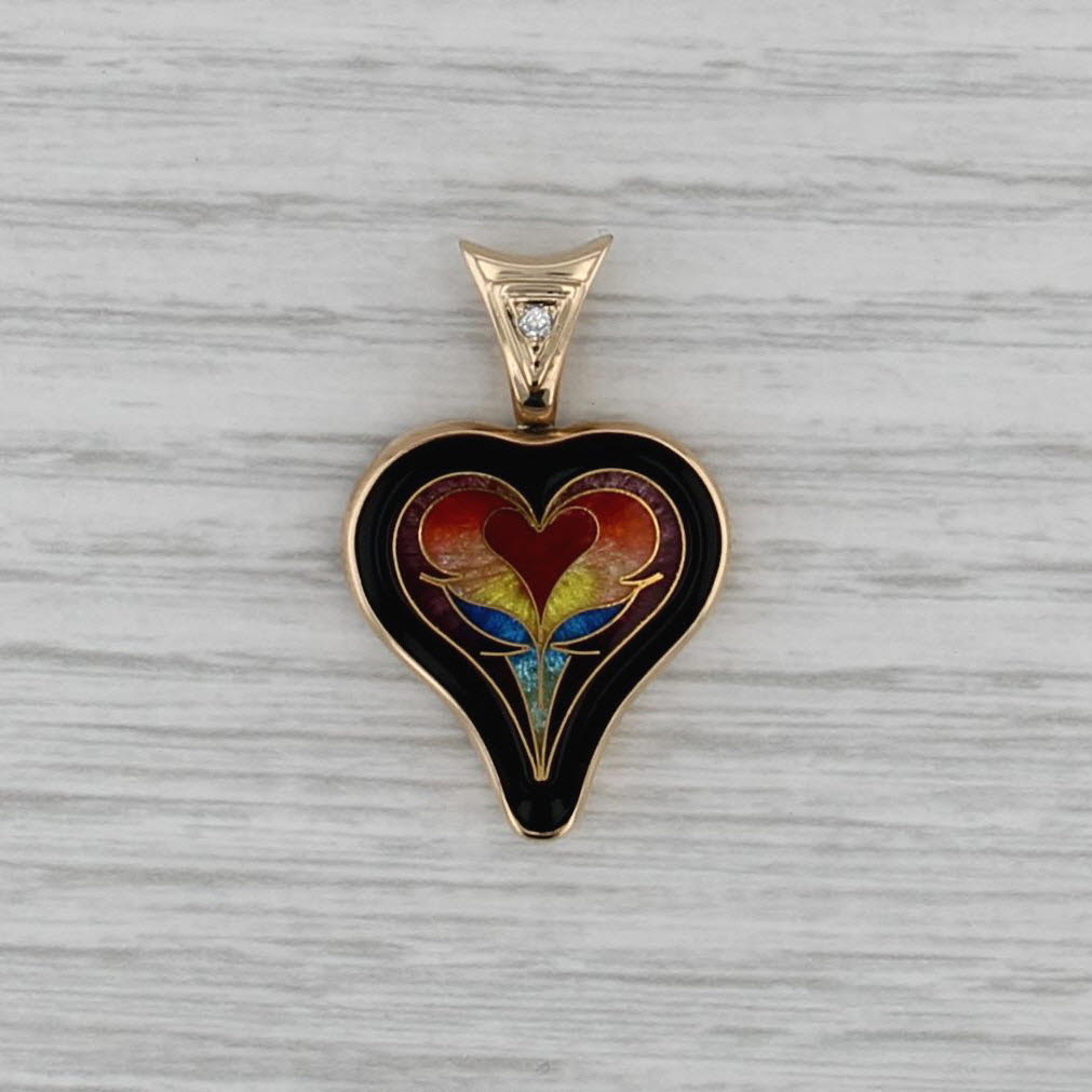 Magik Fusager Cloisonne Heart Pendant 14k Gold Diamond colorful Enamel Mosaic
