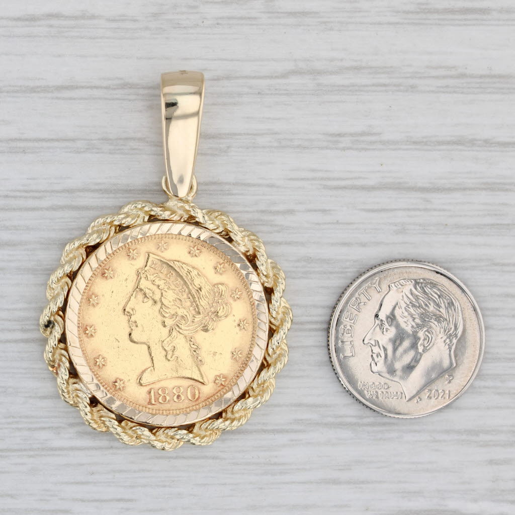 Gray Authentic 1880 Liberty Head 5 Dollar Coin Pendant 14k 900 Gold