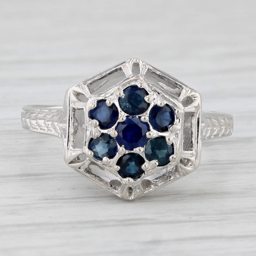 Light Gray Vintage 0.45ctw Blue Sapphire Cluster 18k White Gold Size 4.25