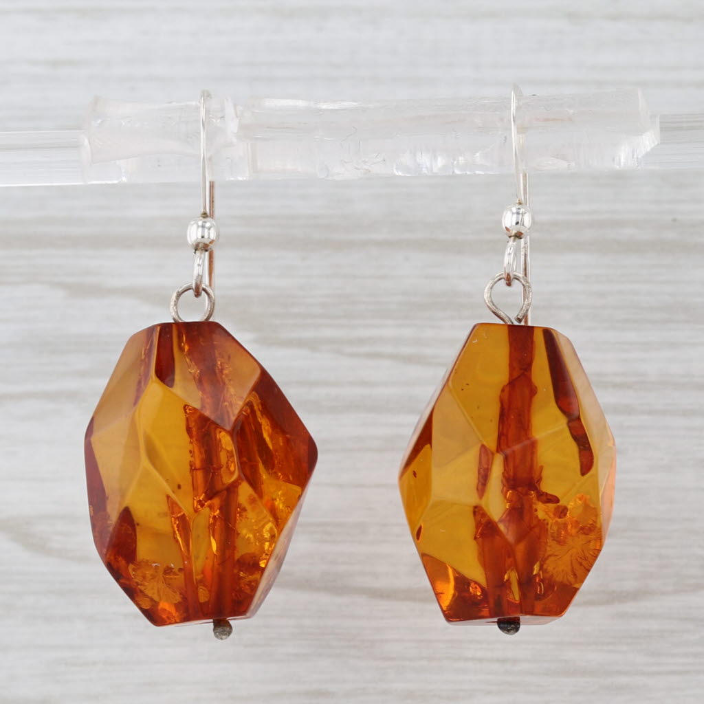 Vintage Sun Spangled Amber Dangle Earrings Sterling Silver Large Faceted Beads