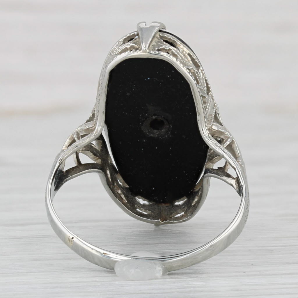 Light Gray Vintage Onyx Diamond Filigree Ring 14k White Gold Size 5.25