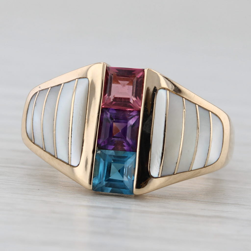 Gray Kabana Mother of Pearl Topaz Amethyst Tourmaline 14k Yellow Gold Size 6.25