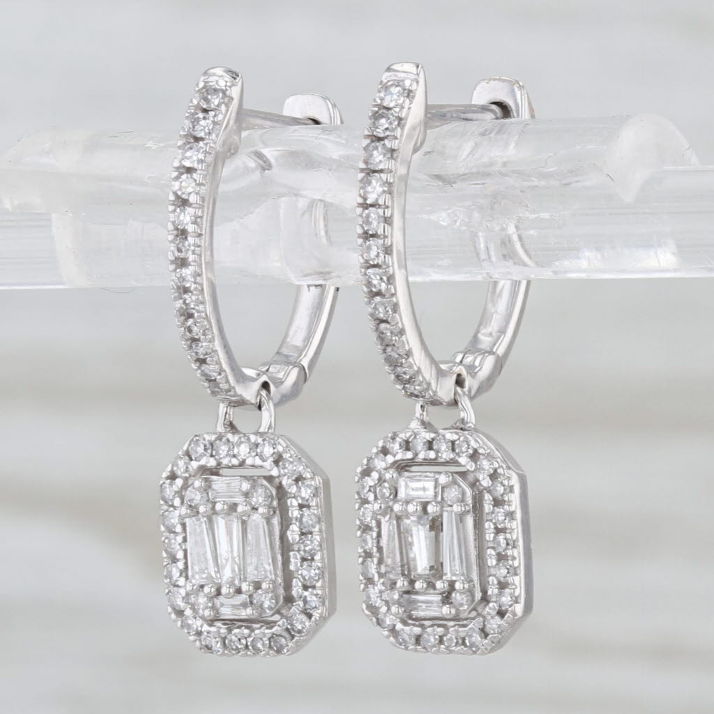 0.31ctw Diamond Hoop Halo Drop Earrings 14k White Gold Snap Top