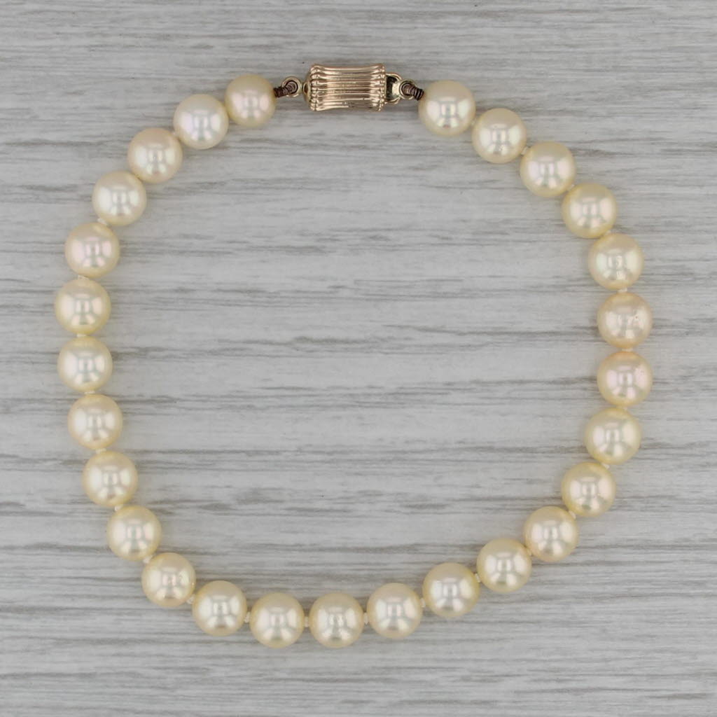 Vintage Cultured Pearl Single Beaded Strand Bracelet 14k Gold Clasp 7.5"