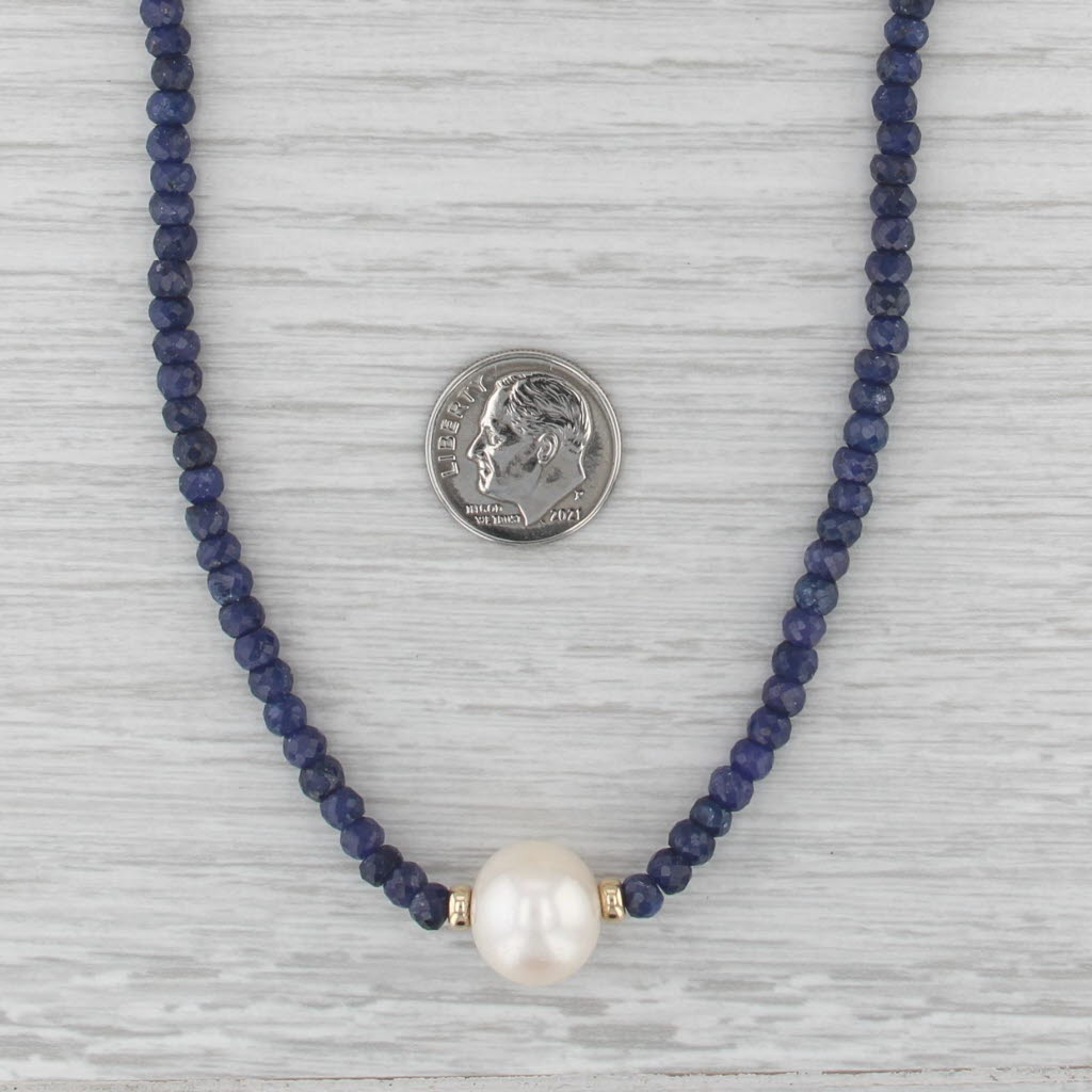 Cultured Pearl Sapphire Bead Strand Necklace 14k Yellow Gold 18"