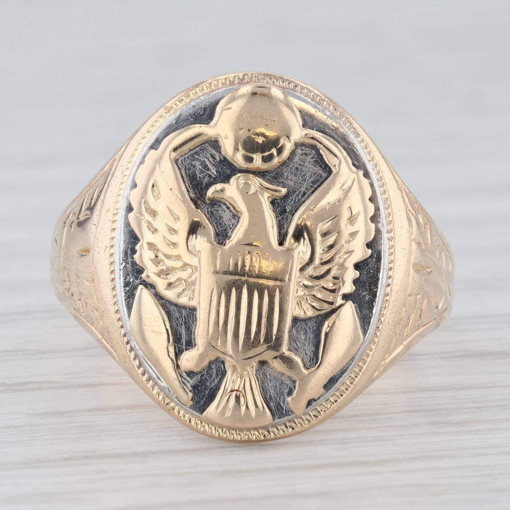 Light Gray Vintage US Army Military Insignia Ring 14k Yellow White Gold Size 8.5 Signet