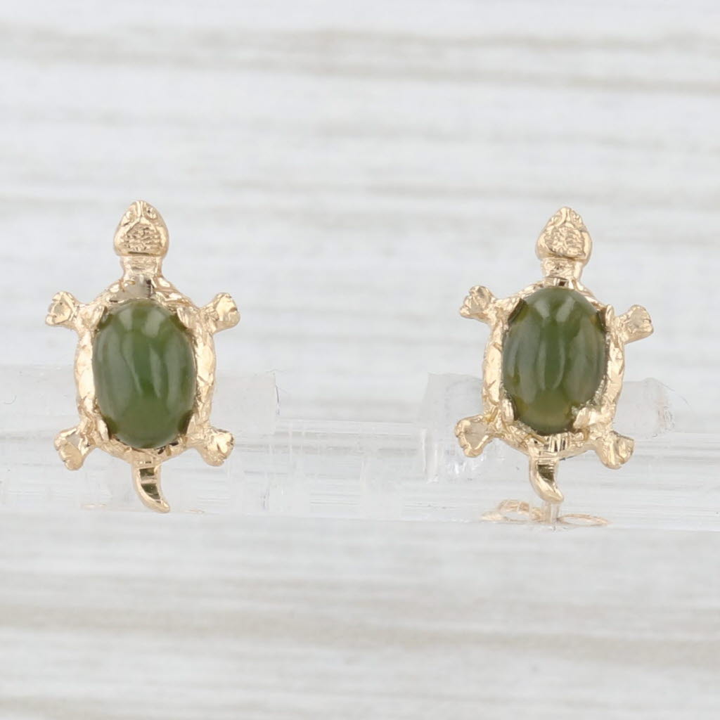 Light Gray Green Nephrite Jade Turtle Stud Earrings 14k Yellow Gold Oval Cabochons
