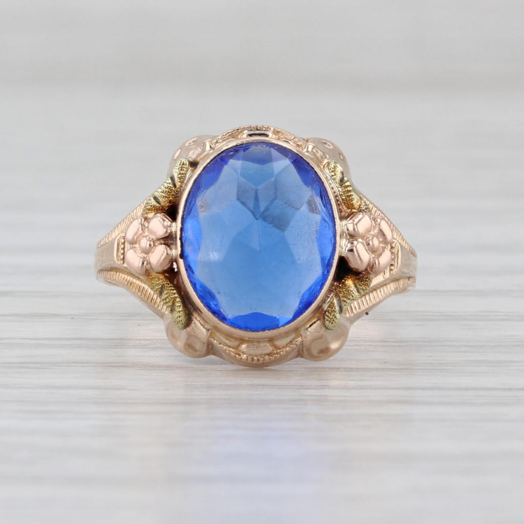 Molded Blue Glass Solitaire Ring 10k Yellow Gold Size 5.25