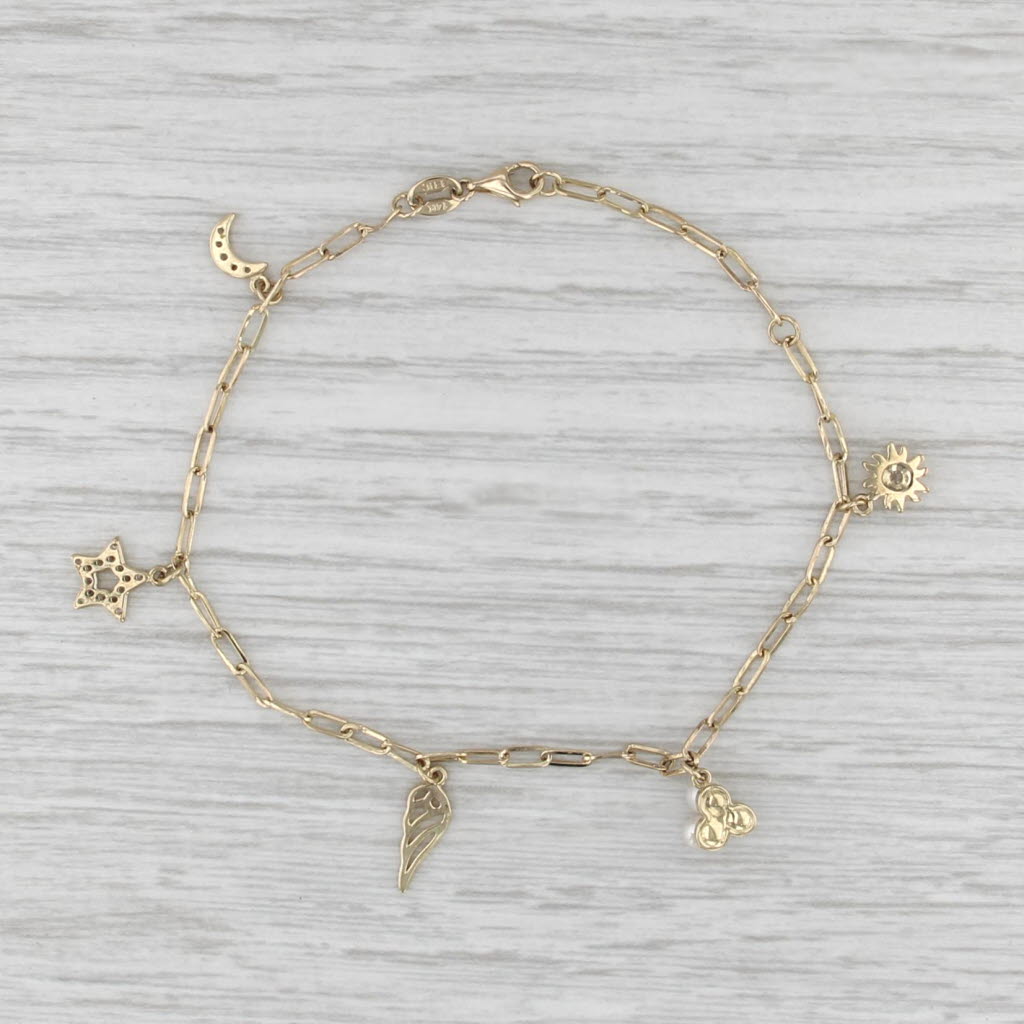 Cubic Zirconia Cultured Pearl Sun Moon Star Wing Charm Bracelet 14k Gold 6.75"