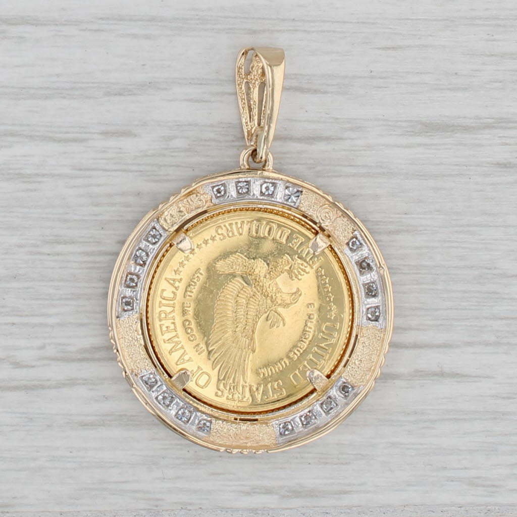 Gray 0.60ctw Diamond14k Coin Bezel Pendant 1986 Statue of Liberty 900 Gold Coin 5 USD