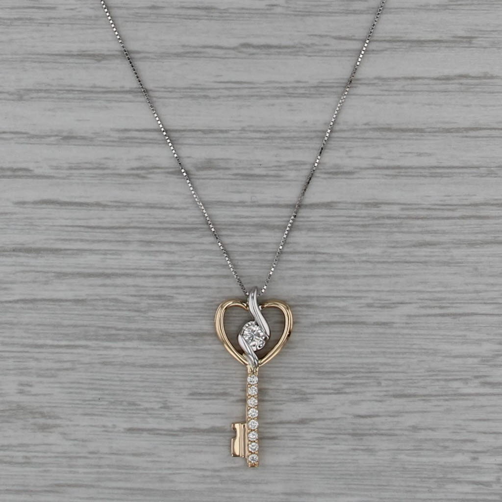 Sirena 0.25ctw Diamond Skeleton Key Heart Pendant Necklace 14k Gold 18.75"