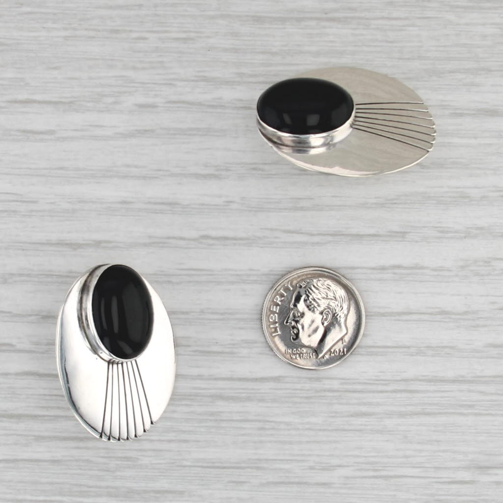 Southwestern Vintage Onyx Statement Earrings Sterling Silver Signed JD