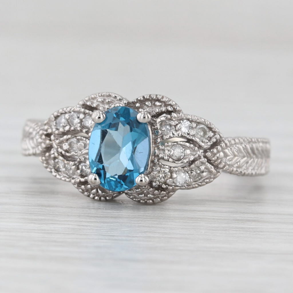 1ctw Oval Blue Topaz Diamond Ring 14k White Gold Size 7