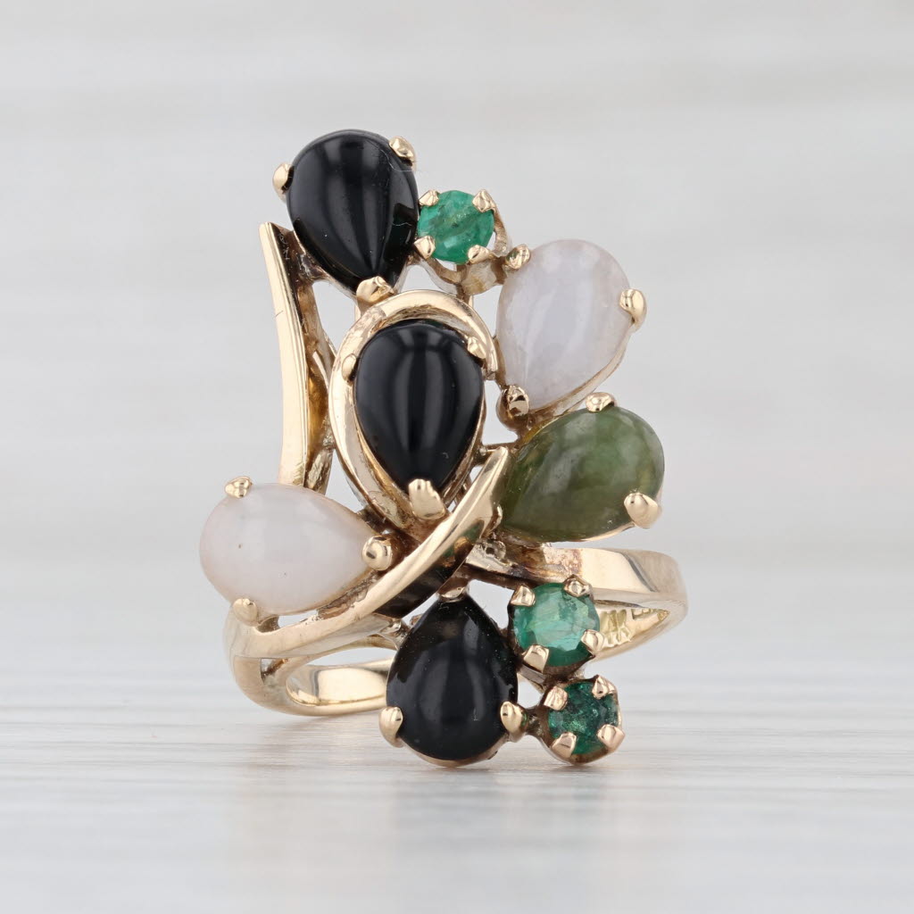 Jade Emerald Onyx Cabochon Cocktail Ring 14k Yellow Gold Size 4
