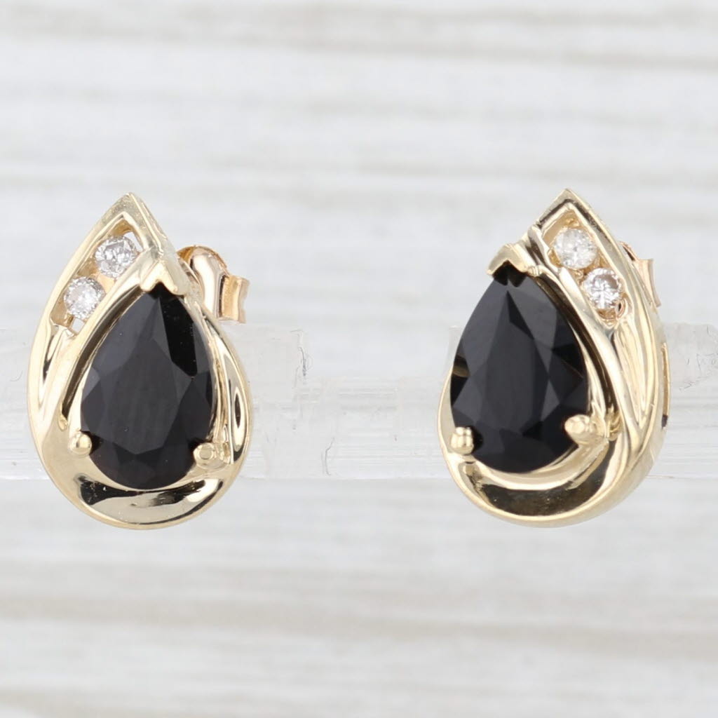 Onyx Pear Diamond Stud Earrings 14k Yellow Gold Studs