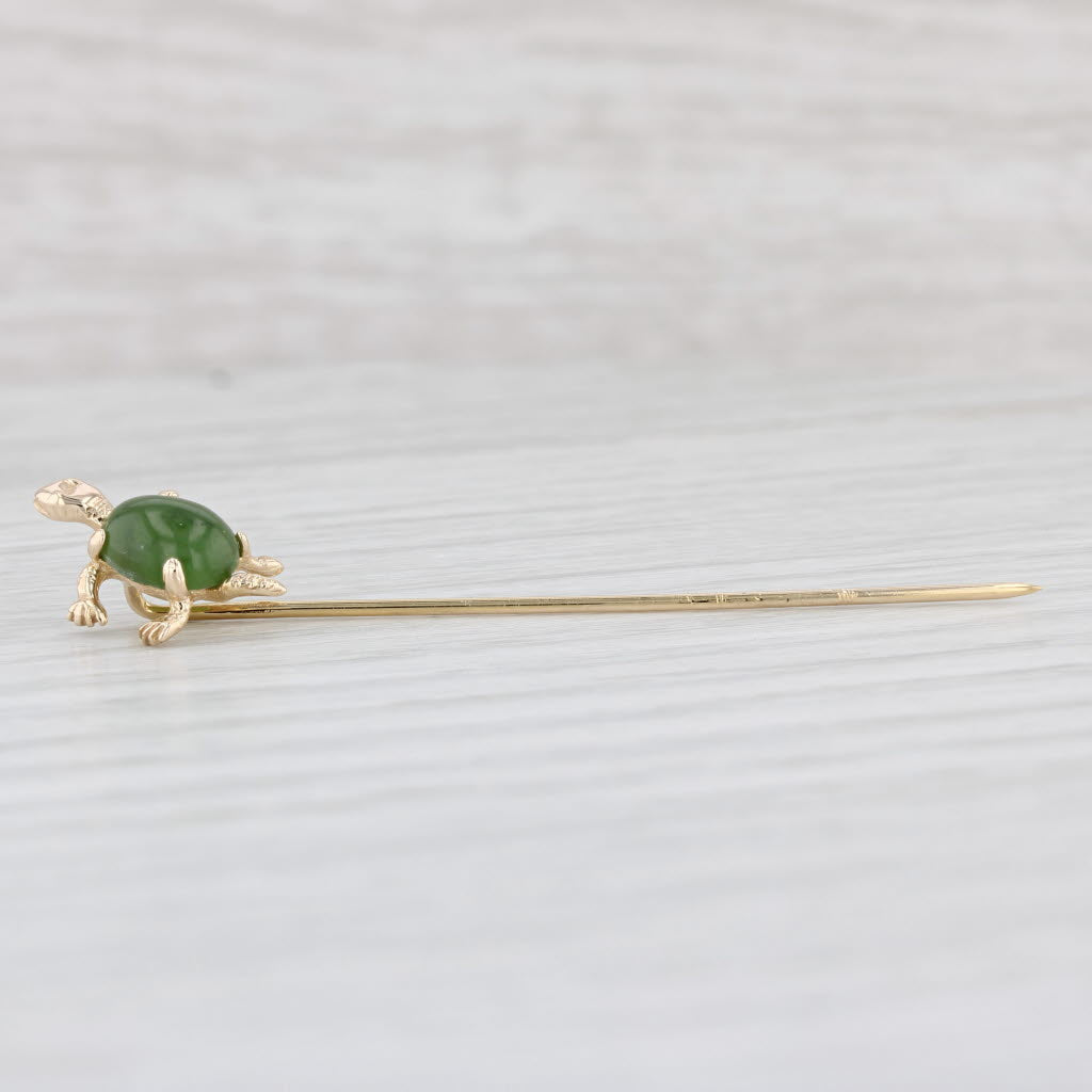 Light Gray Little Turtle Stickpin Green Nephrite Jade 14k Yellow Gold Vintage