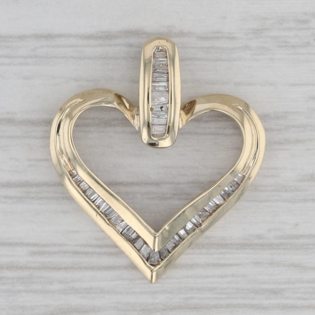 Gray 0.18ctw Baguette Diamond Open Heart Pendant 10k Yellow Gold