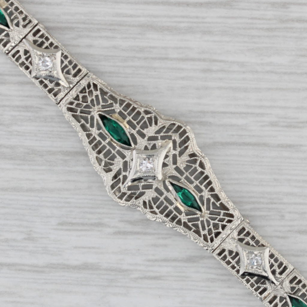 Gray Art Deco Diamond Imitation Emerald Filigree Bracelet 14k White Gold 7"