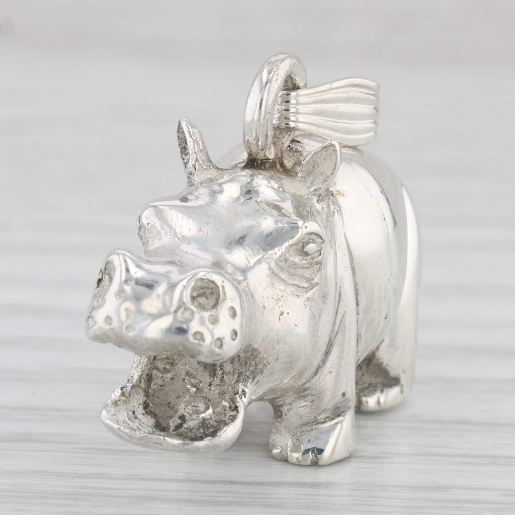 Light Gray Vintage Hippo Figurine Pendant Sterling Silver 925 3D Charm