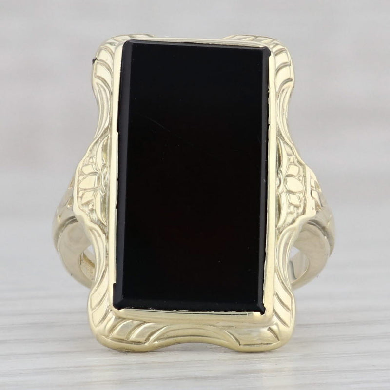 Gray Vintage Floral Onyx Ring 14k Yellow Gold Size 4.5 Rectangle Statement