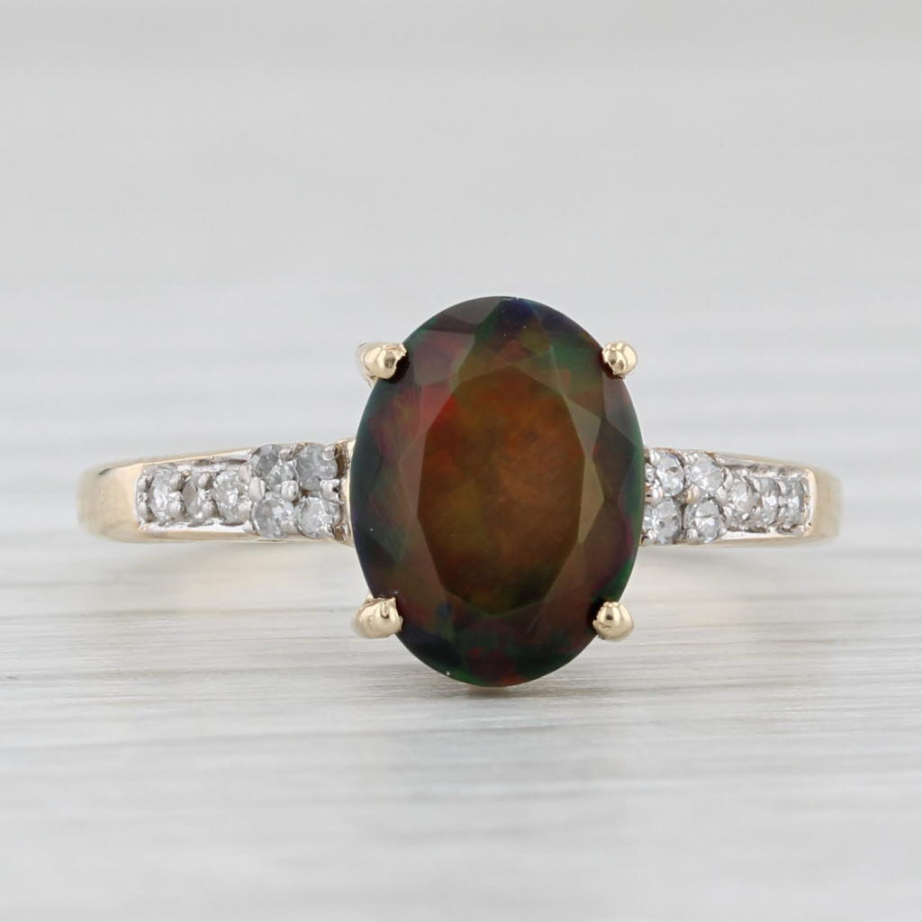 Light Gray Oval Black (Green) Opal Diamond Ring 10k Yellow Gold Size 5