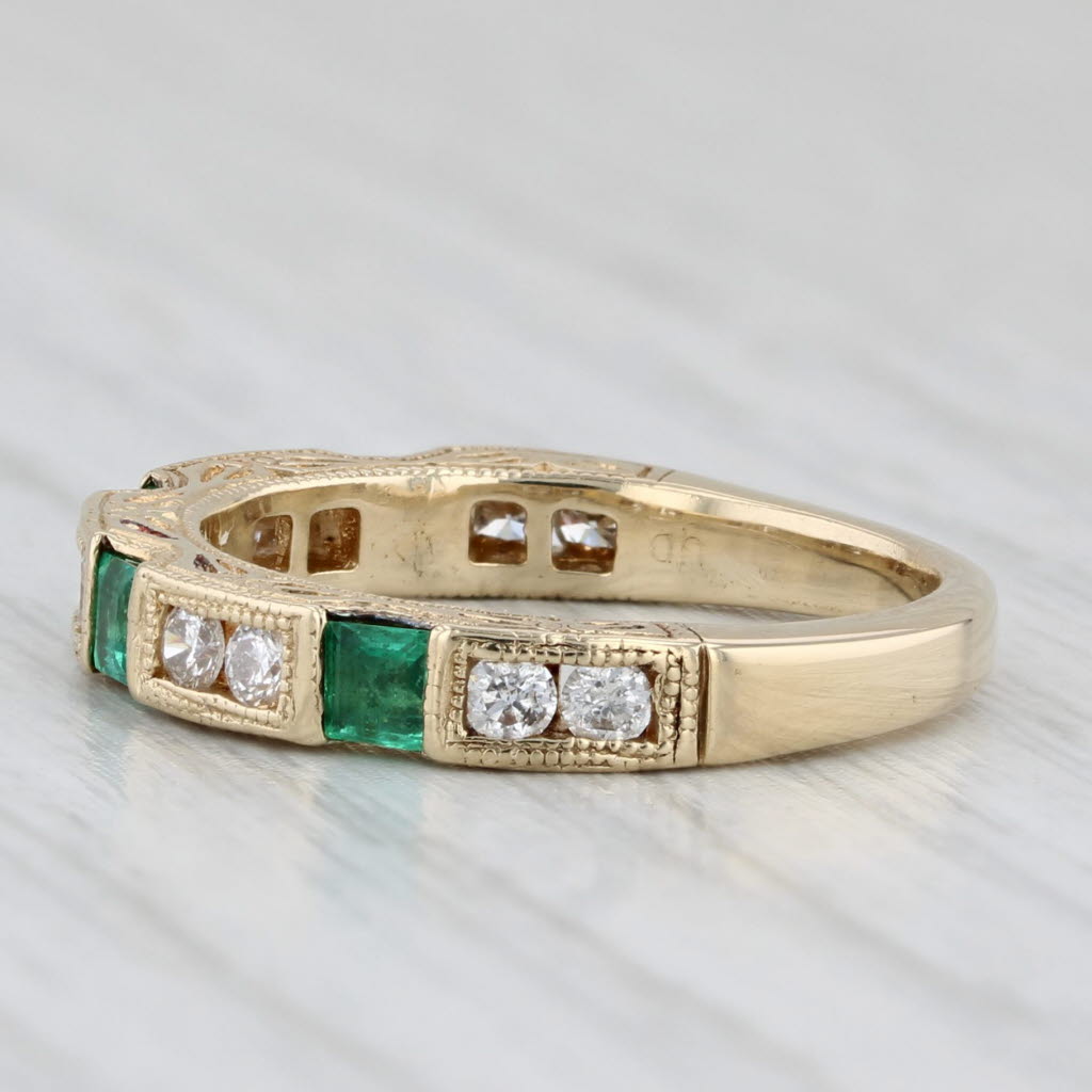 Light Gray 0.62ctw Emerald Diamond Ornate Ring 14k Yellow Gold Wedding Stackable Band