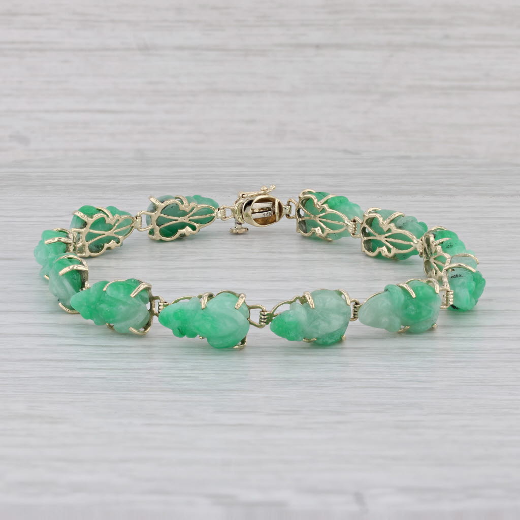 Gray Carved Jadeite Jade Frog Bracelet 14k Yellow Gold 7.5" 8mm