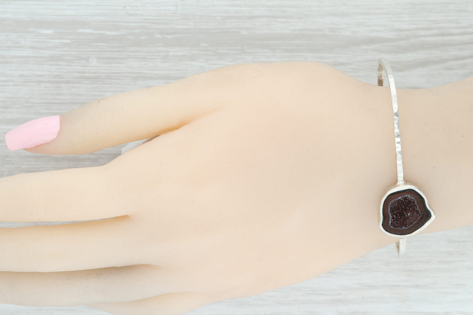 New Nina Nguyen Black White Druzy Quartz Geode Bangle Bracelet Sterling Silver