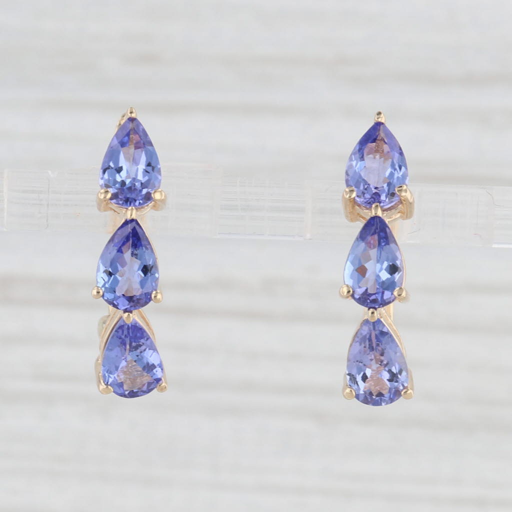 Light Gray 3.60ctw 3-Stone Tanzanite Drop Earrings 14k Yellow Gold Snap Top