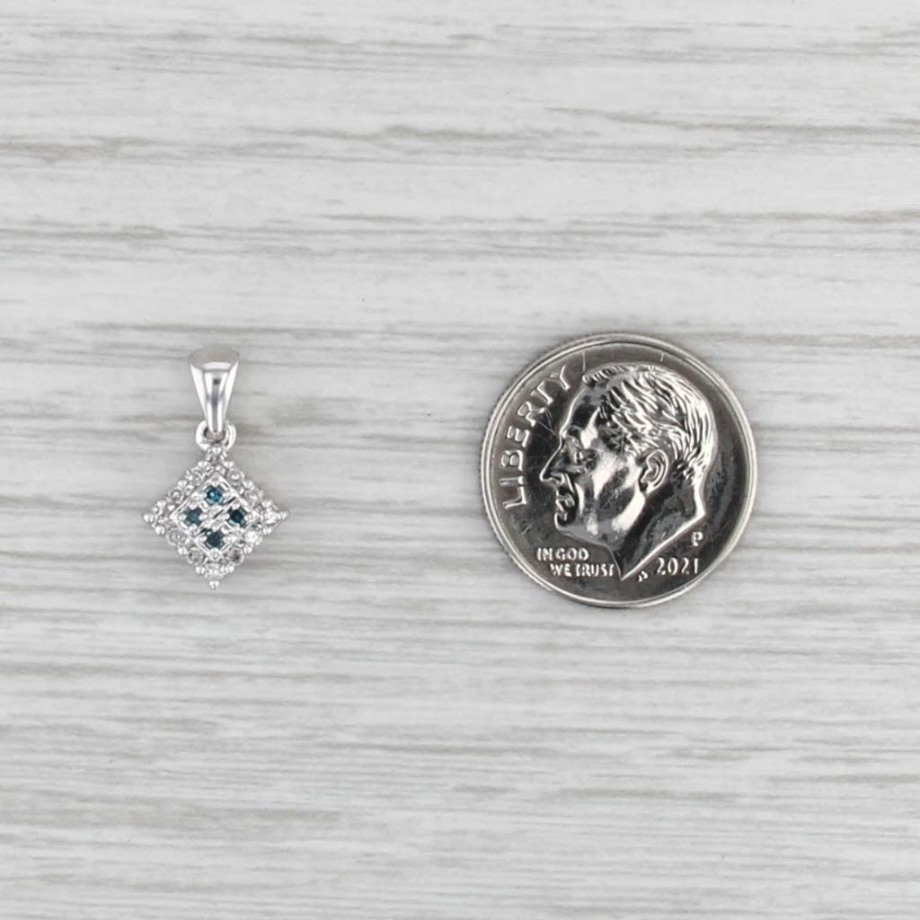 0.10ctw Blue White Diamond Halo Small Drop Pendant 10k White Gold