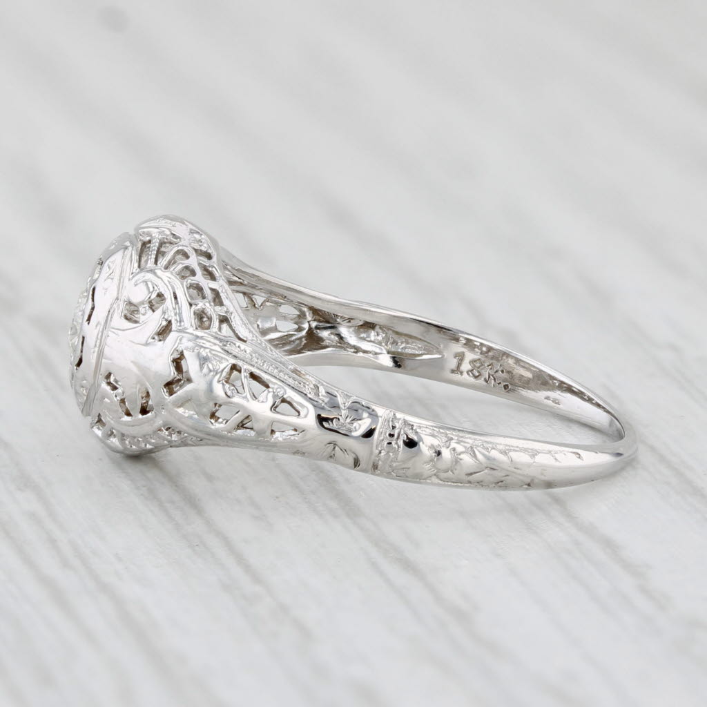 Light Gray Art Deco Diamond Solitaire Engagement Ring 18k White Gold Filigree Size 6.5