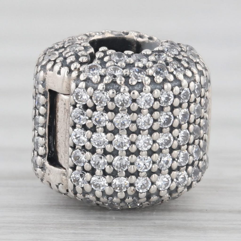 Light Gray Pandora Pave Barrel Clip Charm 791873CZ Sterling Silver Cubic Zirconia Charm