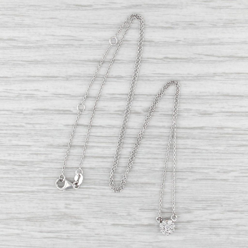 New 0.15ctw Diamond Cluster Pendant Necklace 14k White Gold Adjustable