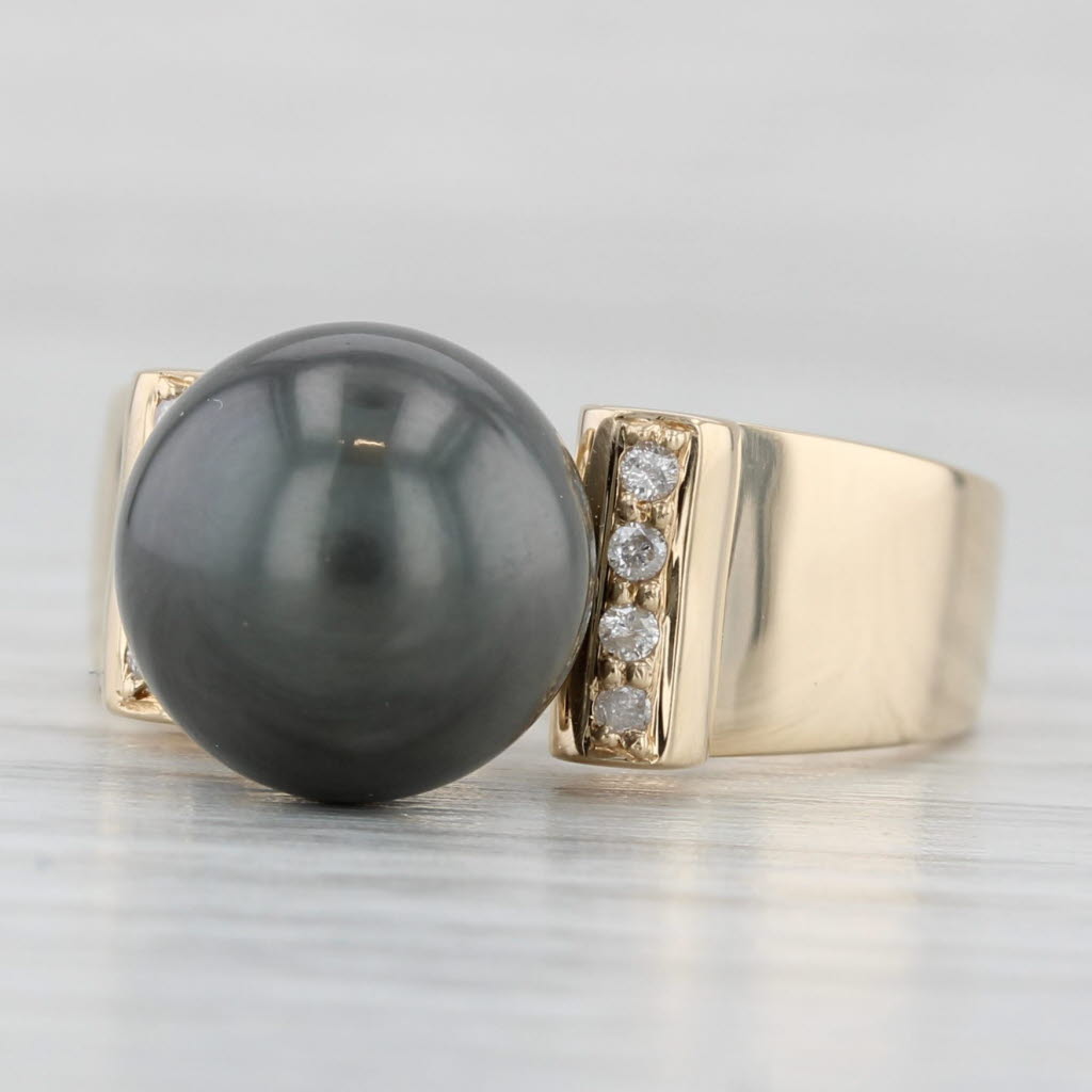 Light Gray Cultured Black Gray Pearl Diamond Ring 14k Yellow Gold Size 7.25