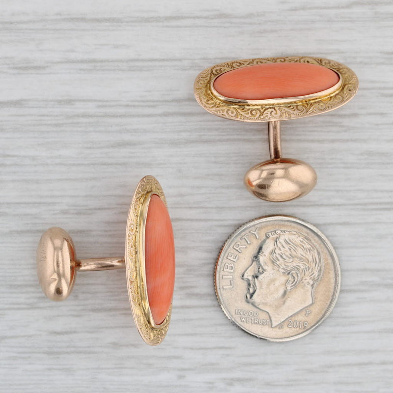 Gray Antique Coral Cufflinks 10k Yellow Gold Oval Cabochon