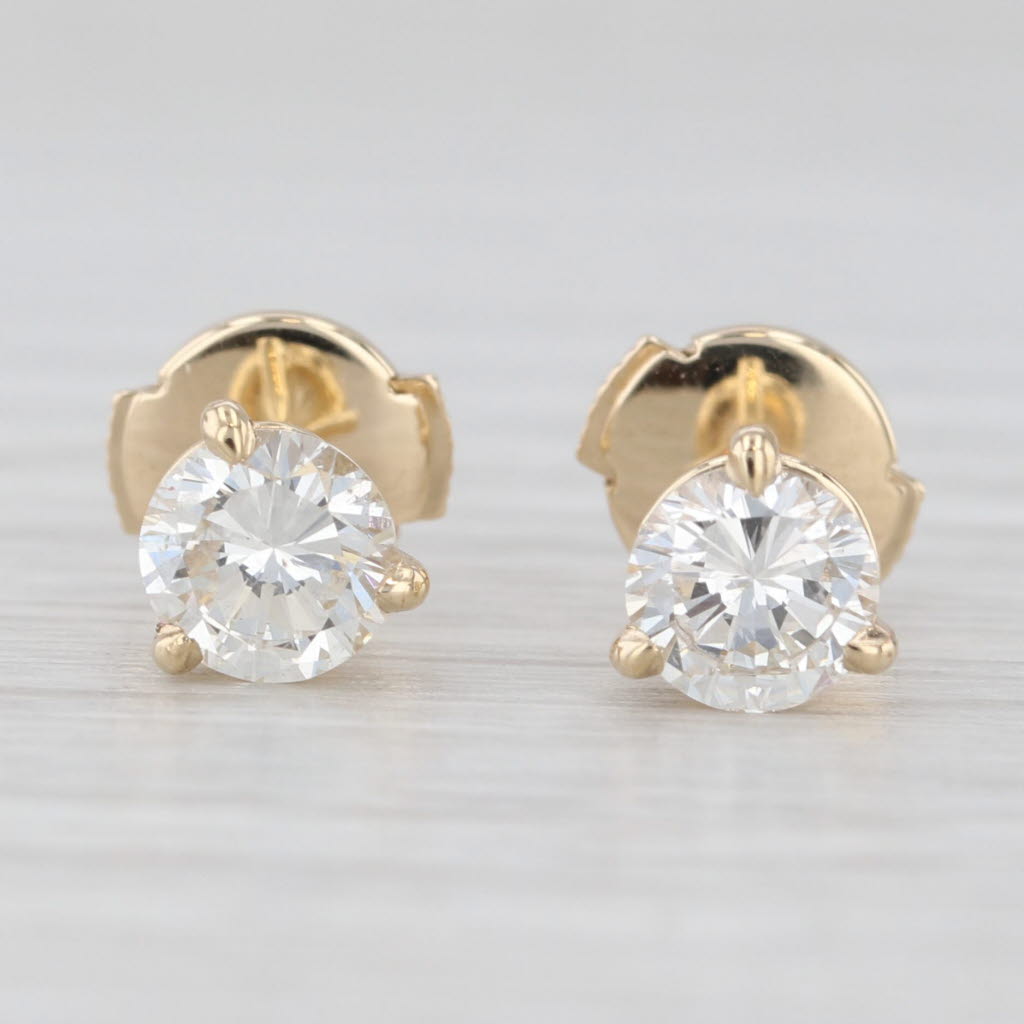Light Gray 0.99ctw Round Diamond Solitaire Stud Earrings 14k Yellow Gold GIA