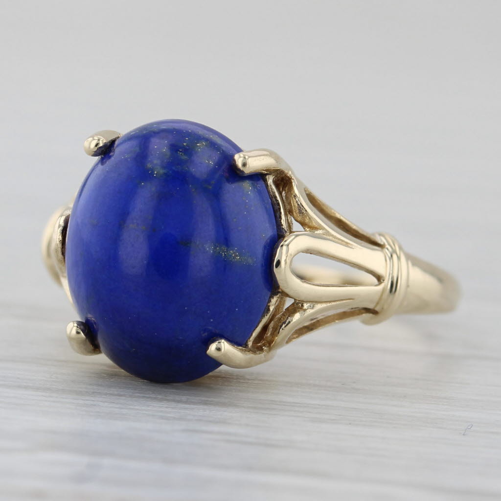 Gray Lapis Lazuli Blue Oval Cabochon Solitaire Ring 10k Yellow Gold Size 6