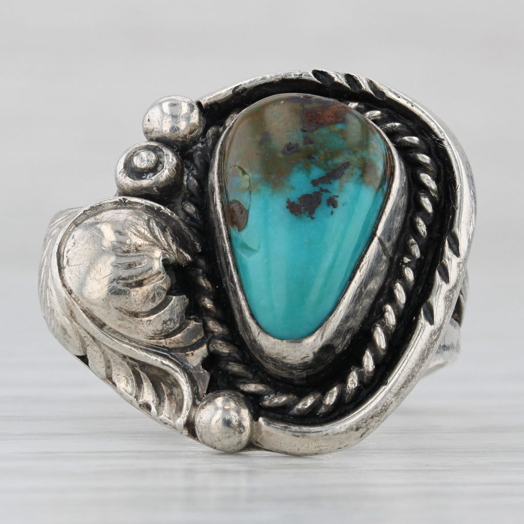 Light Gray Large Native American Turquoise Feather Ring Sterling Silver Size 6 Statement