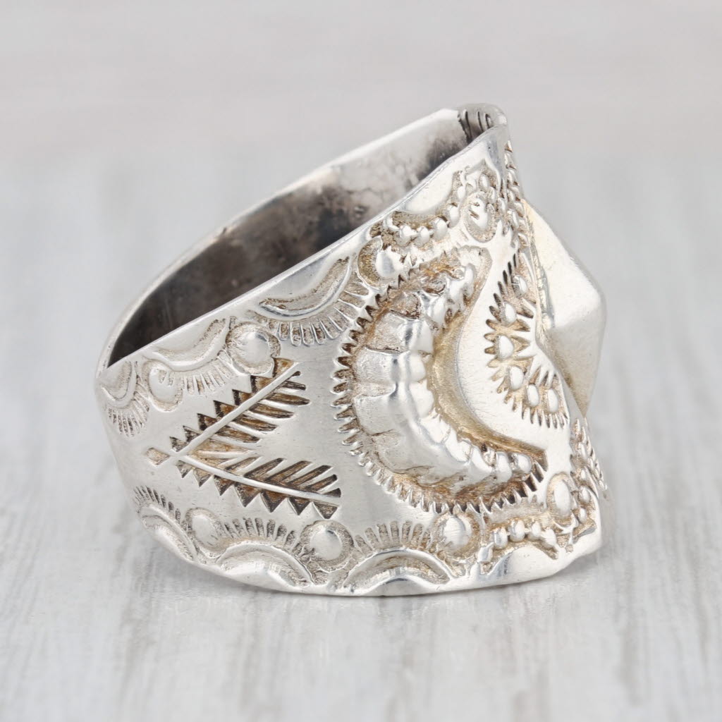 Vincent Platero Stamped Crescent Ring Sterling Silver Navajo Native American
