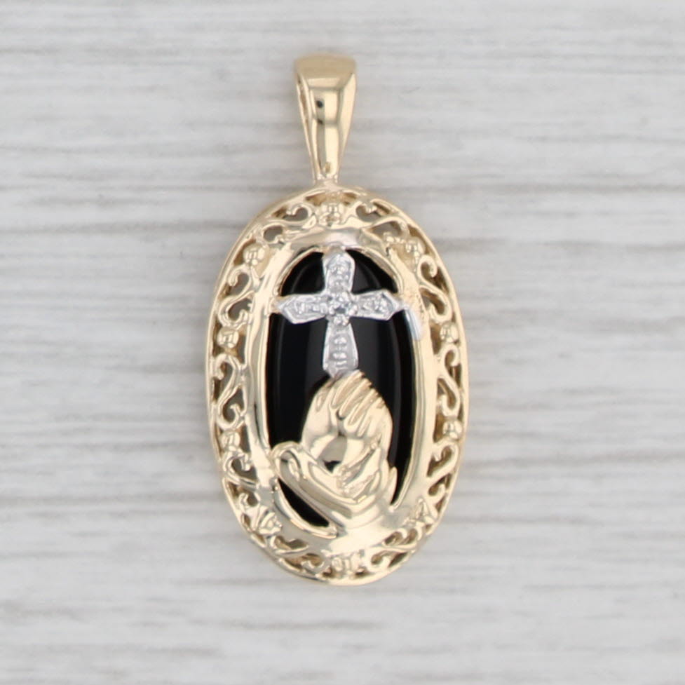 Light Gray Onyx Diamond Prayer Hands Cross Pendant10k Yellow White Gold Religious Jewelry