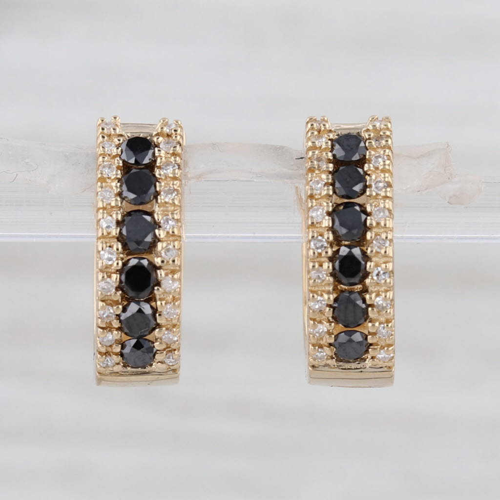 0.70ctw Black White Diamond Hoop Earrings 14k Yellow Gold Snap Top Round Hoops