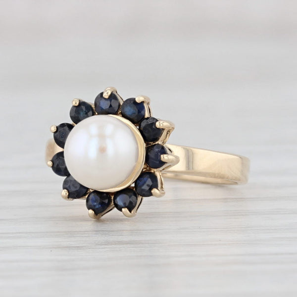 Light Gray Cultured Pearl Blue Sapphire Halo Ring 14k Yellow Gold Size 5