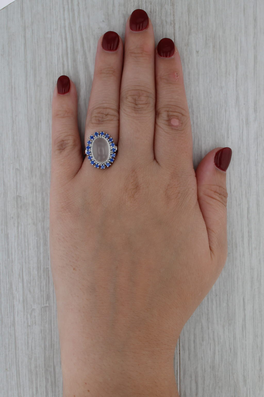 Blue Sapphire Cat's Eye Moonstone Ring 14k White Gold Size 6 Oval Cabochon