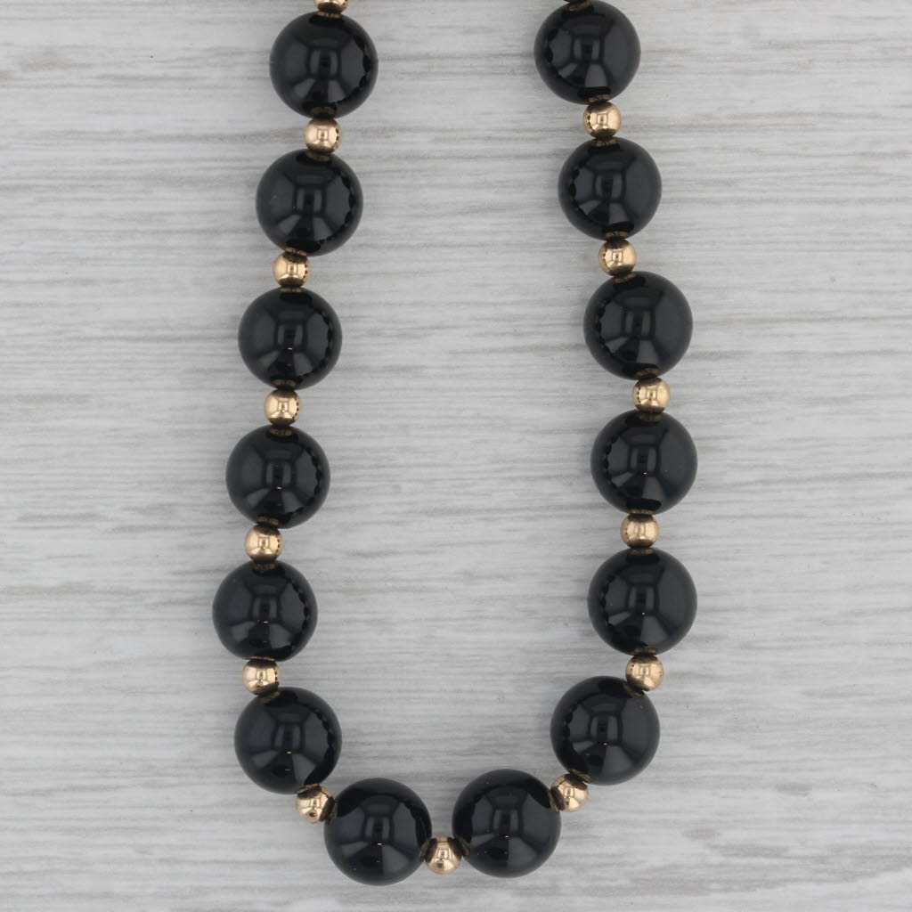 Gray Black Onyx Bead Strand Necklace 14k Yellow Gold 18.25"